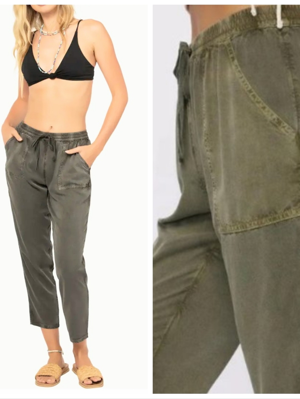NWT O'Neill Fran Drawstring Pants Olive Army Green Women's Large Relaxed Beach